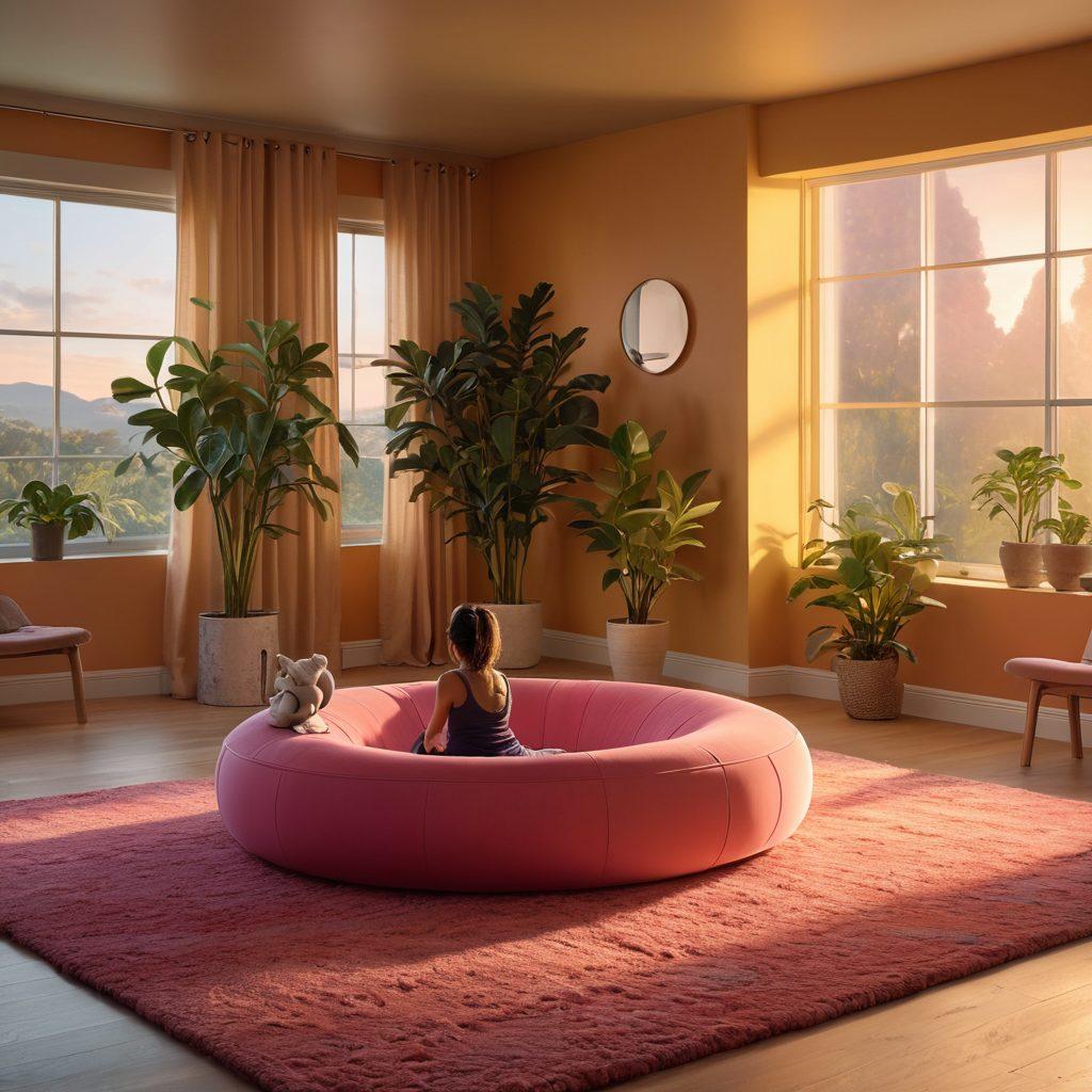 A serene and inviting space featuring an array of fitness equipment while subtly integrating elements of intimacy, such as soft lighting and plush fabrics. Include figures of diverse individuals engaging in various exercises that promote sexual wellness, with smiles and positive body language. Background elements can signify awareness and harmony, like plants or calming artwork. Emphasize inclusivity and empowerment in the atmosphere. super-realistic. vibrant colors. warm lighting.