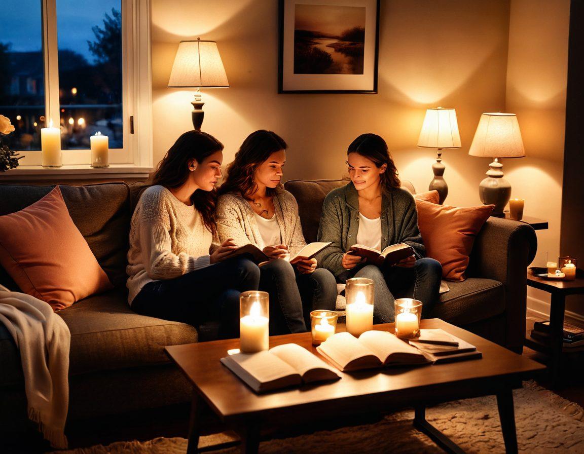 A cozy scene depicting two people sitting closely on a couch, engaged in deep conversation, surrounded by warm light and soft pillows. Include a coffee table with a journal opened, pens scattered, and candles lit, symbolizing intimacy and connection. A gentle, romantic ambiance with soft colors enhances the warmth of the moment. super-realistic. warm colors. soft lighting.