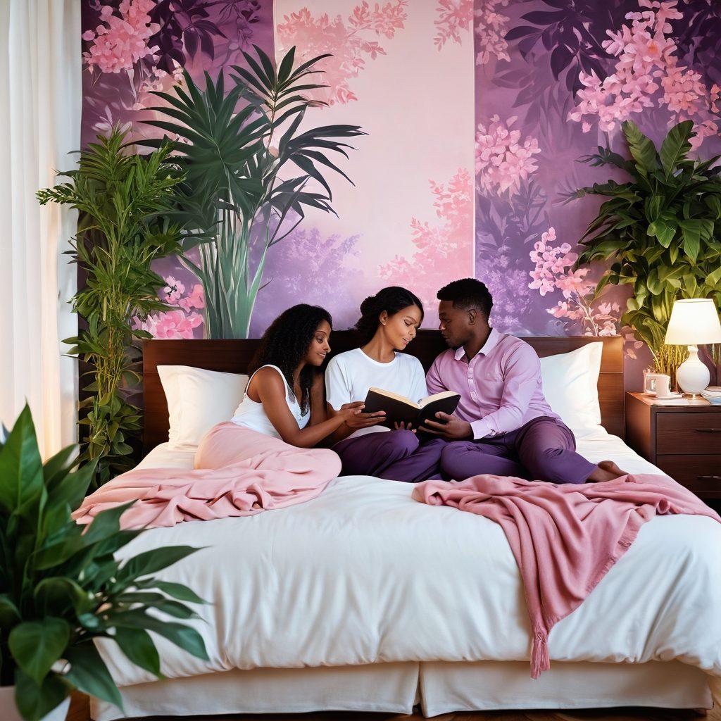A serene and inviting bedroom scene with soft, warm lighting, featuring an open book on a bedside table that symbolizes knowledge and discovery. Silhouettes of a couple sharing an intimate moment, surrounded by lush plants, promoting a sense of comfort and empowerment. A gentle color palette of pinks and purples to evoke feelings of love and pleasure. The inclusion of delicate flowers adds a touch of romance and softness. vibrant colors. super-realistic.